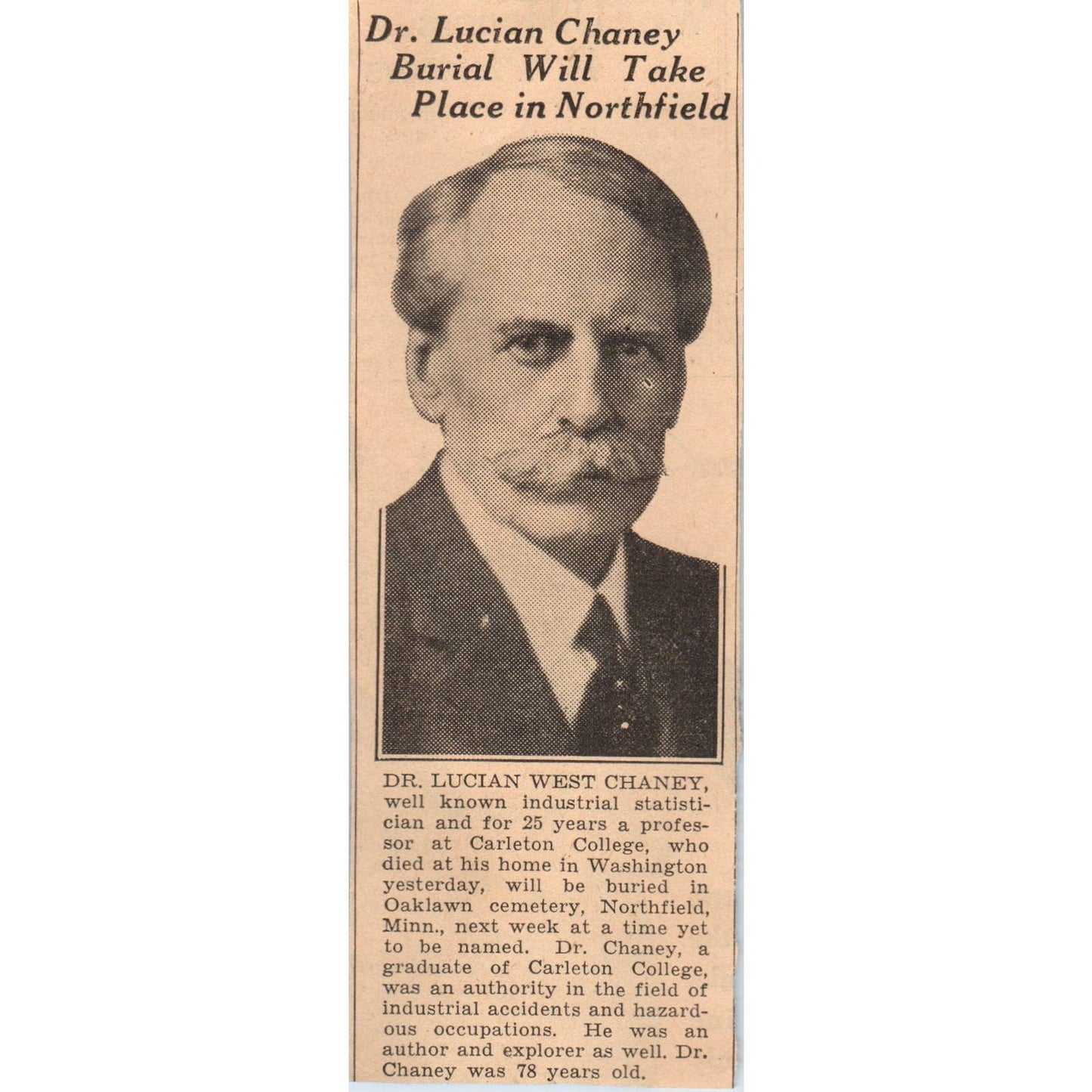 1935 Minneapolis Journal Newspaper Dr. Lucian Chaney Burial in Northfield FL5-4