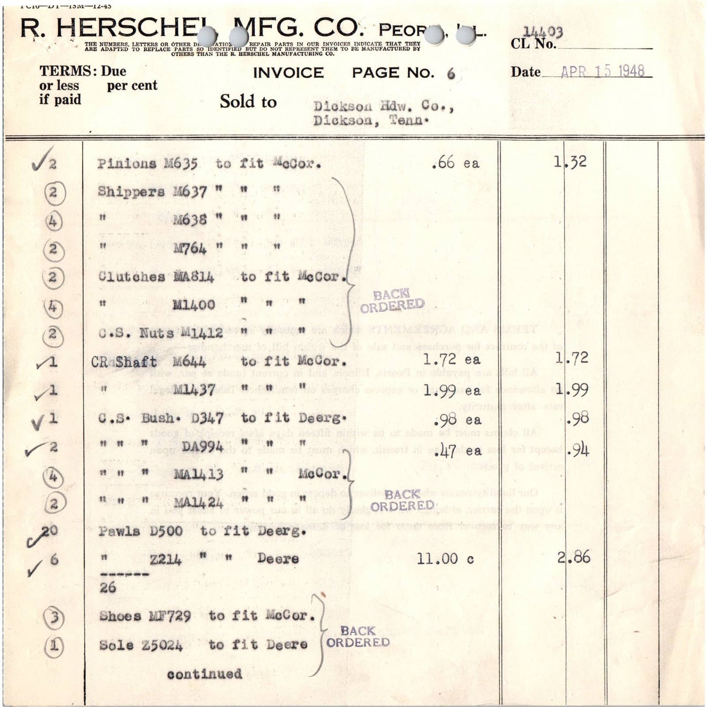 1948 R. Herschel Manufacturing Co Billhead Set of 8 Pieces Peoria Illinois AD5-1