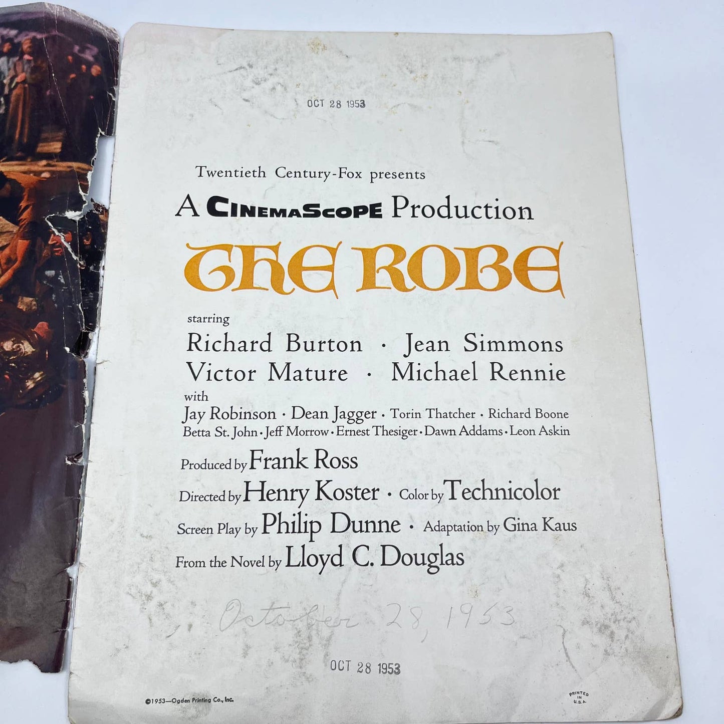 1953 Twentieth Century Fox - The Robe Cinemascope Movie Original Program TF3