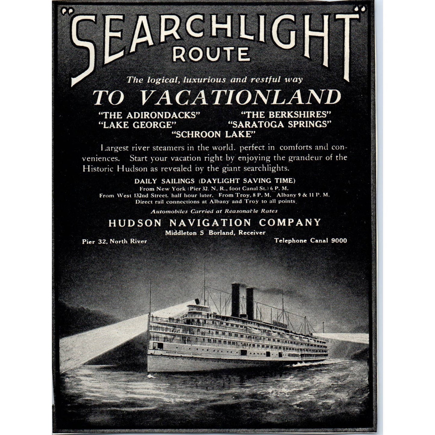 c1920 Harper's Ad - Hudson Navigation Company Steamer Searchlight Route TF6-1