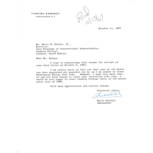 Turkish Embassy Letterhead Memo Melih Esenbel Ambassador Oct 1967 TK1-P11