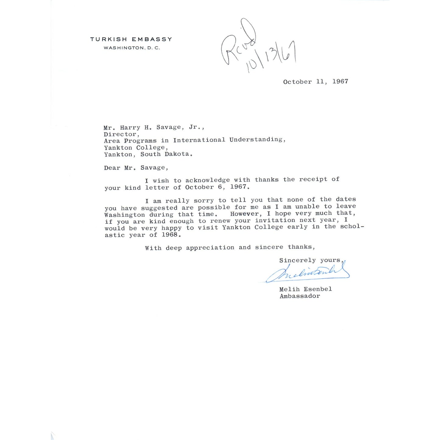 Turkish Embassy Letterhead Memo Melih Esenbel Ambassador Oct 1967 B15
