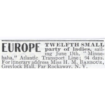 Europe Travel Tours H.M. Barbour Greylock Hall Rockaway NY - 1903 Ad TJ7-S9