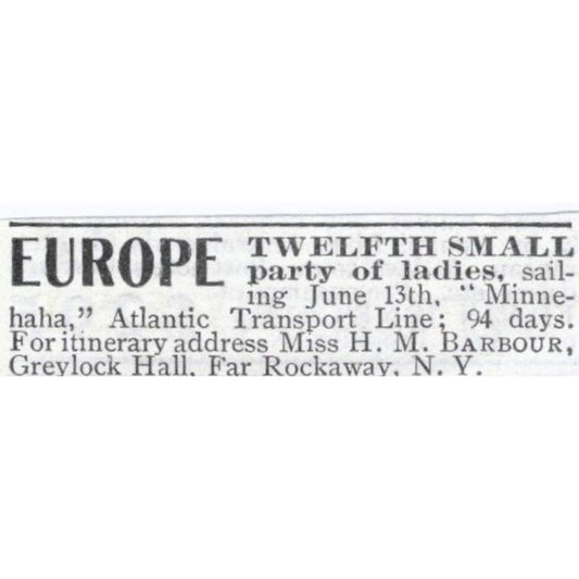 Europe Travel Tours H.M. Barbour Greylock Hall Rockaway NY - 1903 Ad TJ7-S9