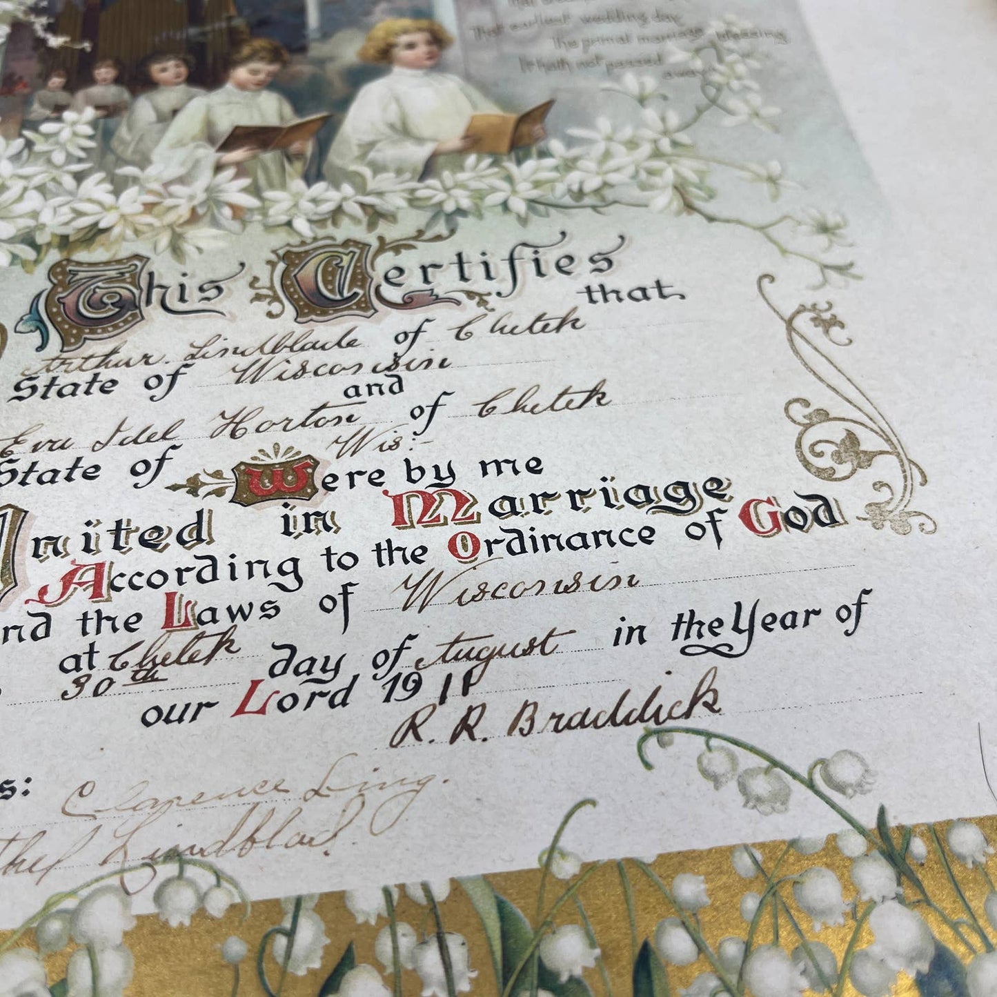 1911 Marriage Certificate Arthur Lindblade & Eva Idel Harton Chetek WI 11x15 FL3