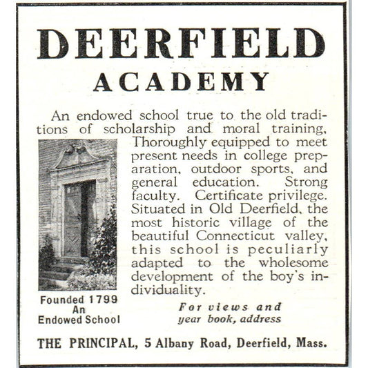 Deerfield Academy Deerfield Mass. - 1921 Original Ad TJ7-S