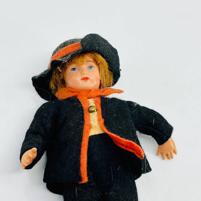 Antique German Boy Doll Brown Hair Blue Eyes & Felt Suit 5.5” Hard Plastic TE1