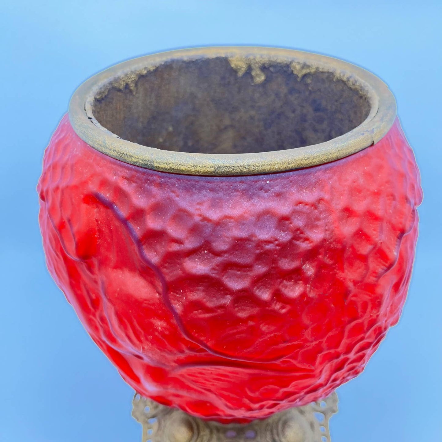 Antique Red Satin Glass and Brass Gone With the Wind Lamp Base LB1