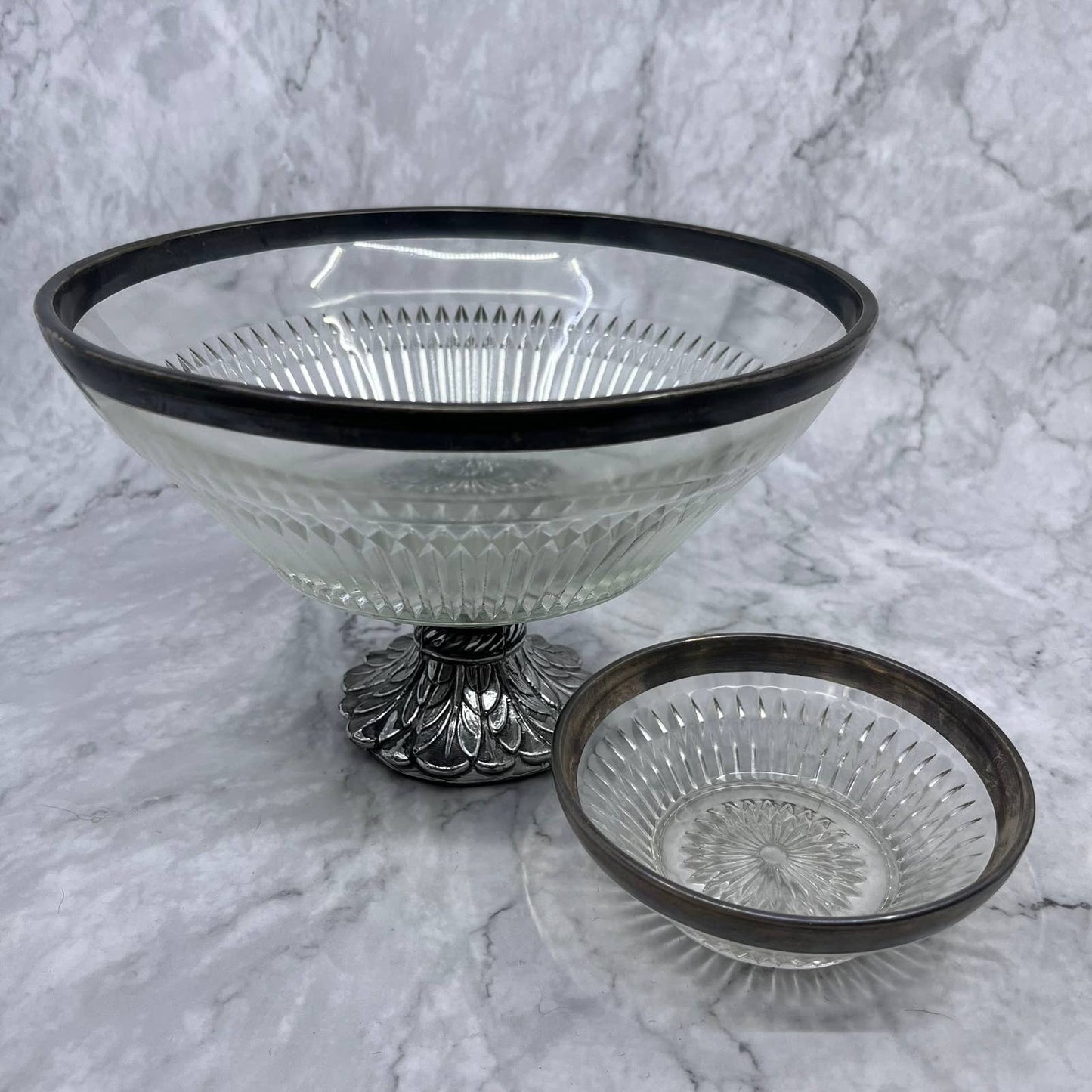 Vtg Pedestal Crystal Chip and Dip Bowl Set Fruit Bowl w/ Metal Rim & Base TE3