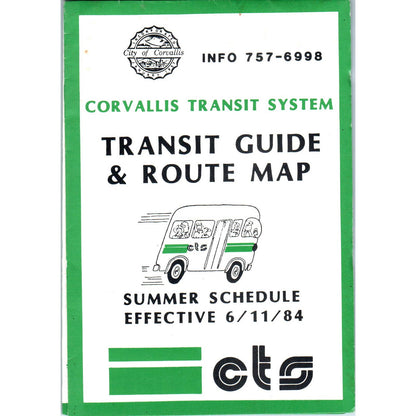 1980s Corvallis Oregon "Transit Guide & Route Map" Fold Out Map Brochure SF3