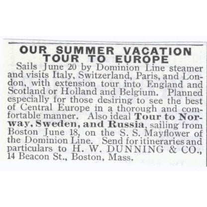 Summer Vacation Europe Tour H.W. Dunning & Co Boston - 1903 Original Ad TJ7-S9