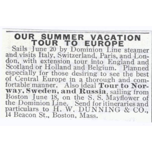 Summer Vacation Europe Tour H.W. Dunning & Co Boston - 1903 Original Ad TJ7-S9