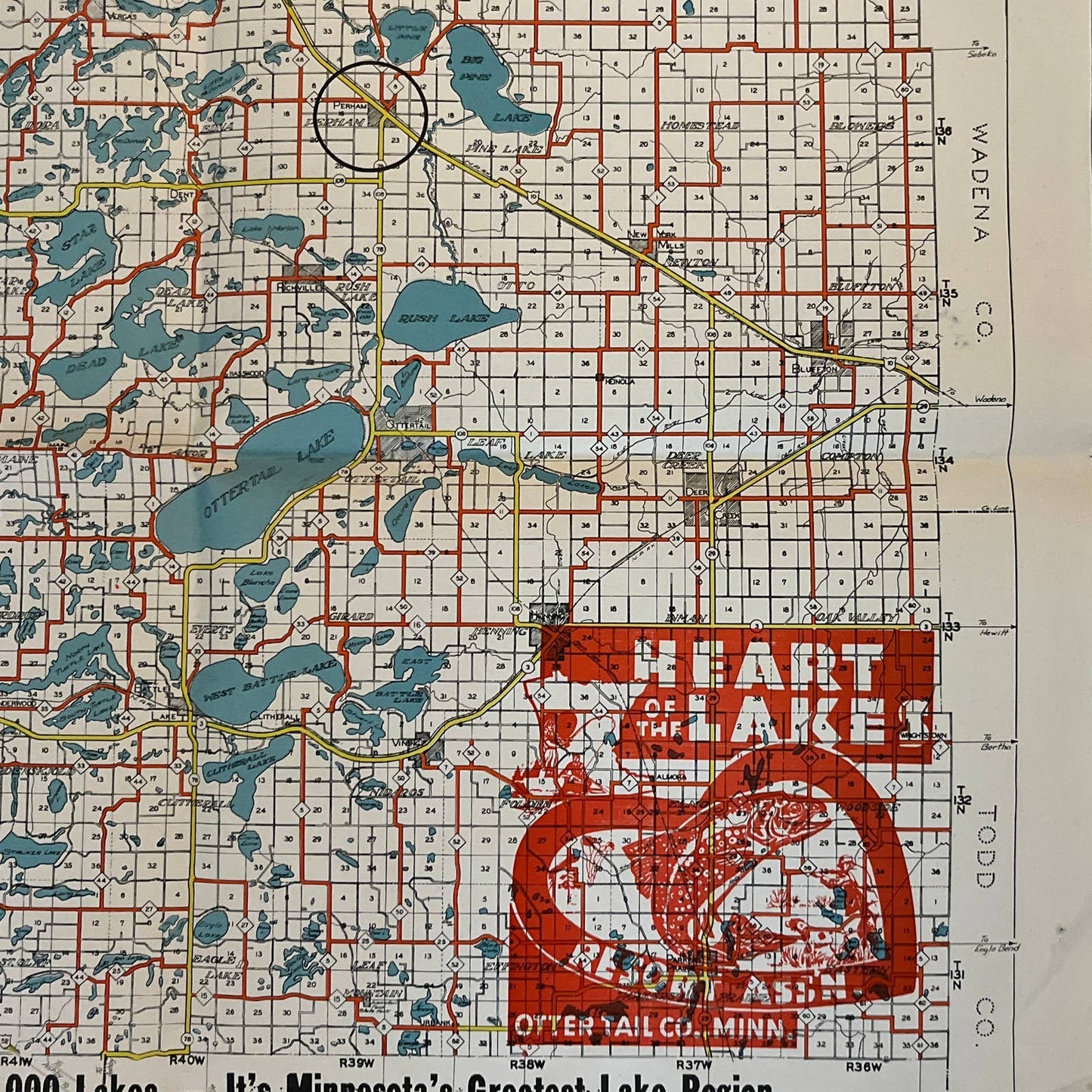 1951 Perham Chamber of Commerce Lake & Road Map of Otter Tail County 18x22" TG1