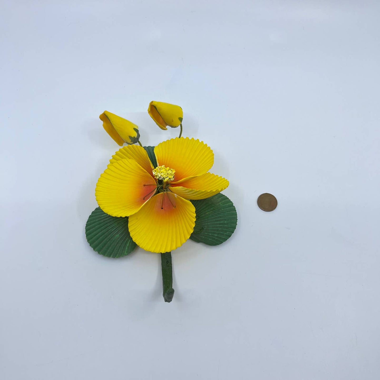 Vintage Handmade Yellow Flower Made from Seashells 6” TE5