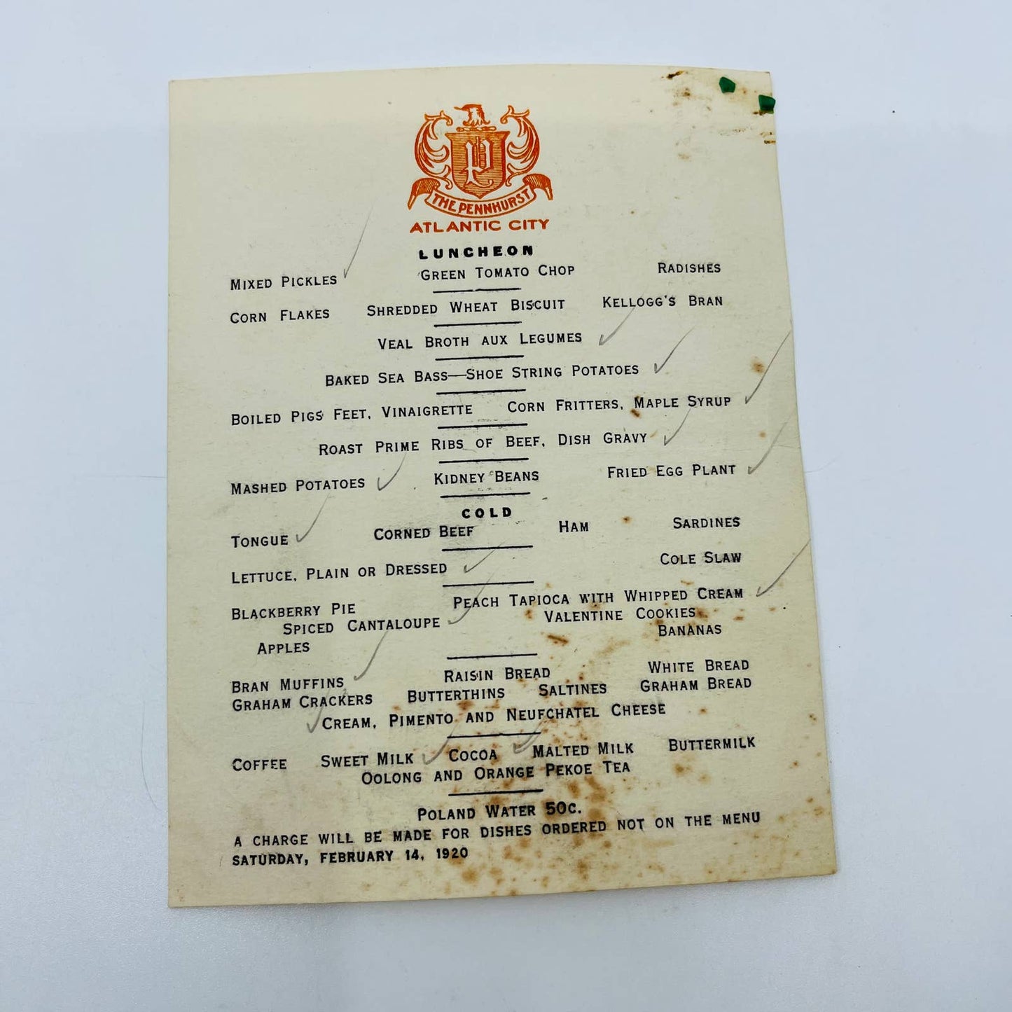 1920 The Pennhurst Atlantic City NJ Valentines Breakfast Lunch & Dinner Menus D4