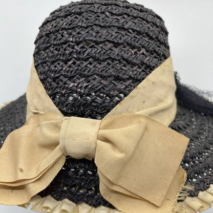 Vintage Gray Straw Sun Hat with Cream Bow and Back Netting HB1