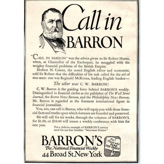 c1920 Harper's Magazine Ad - Barron's National Financial Weekly NY TF6-1