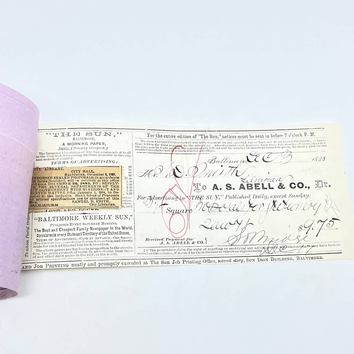 1883 Baltimore City Library And Baltimore Sun Receipt Billhead AB9