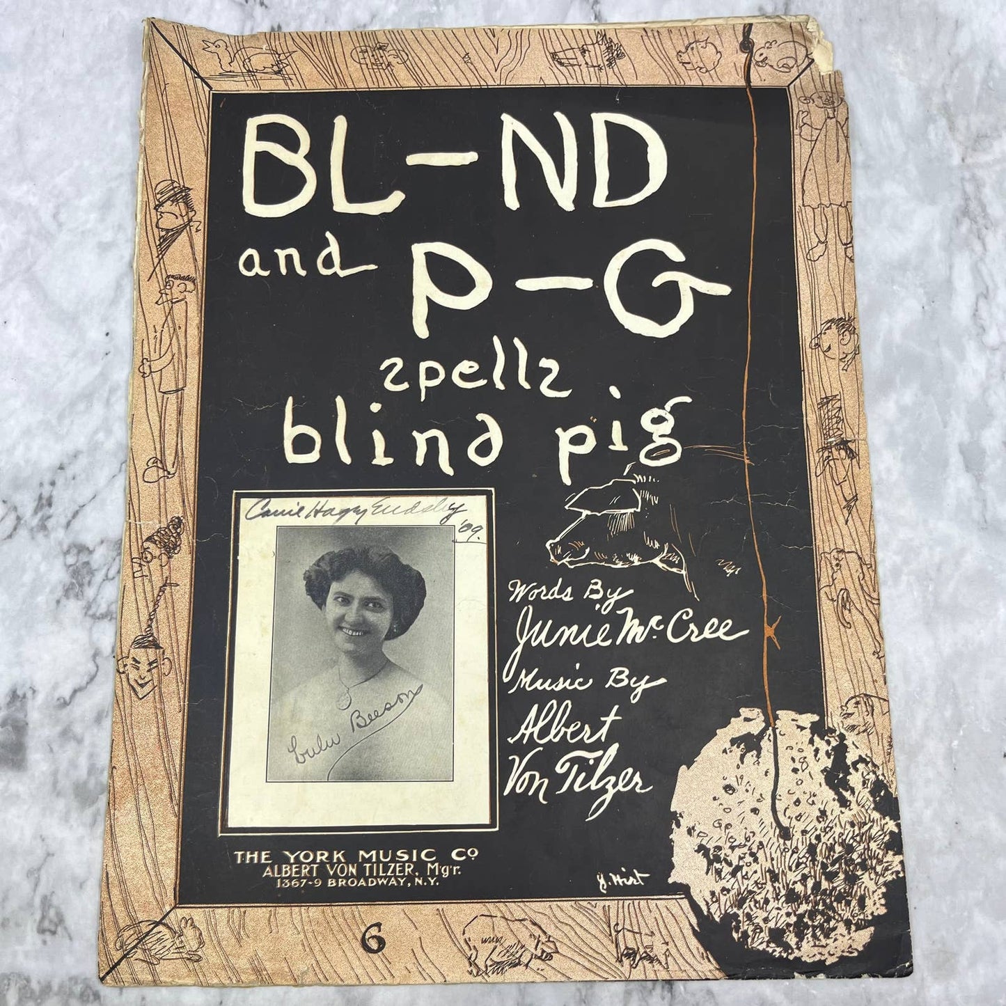 1908 Ragtime Sheet Music BL-ND P-G SPELLZ BLIND PIG Albert Von Tilzer TH5