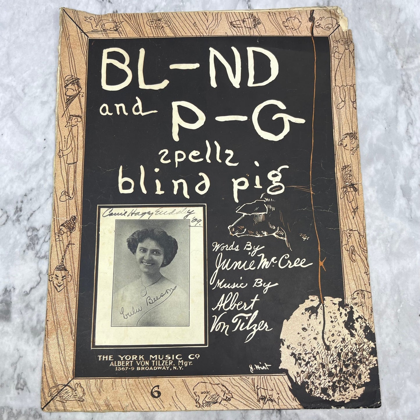 1908 Ragtime Sheet Music BL-ND P-G SPELLZ BLIND PIG Albert Von Tilzer V38