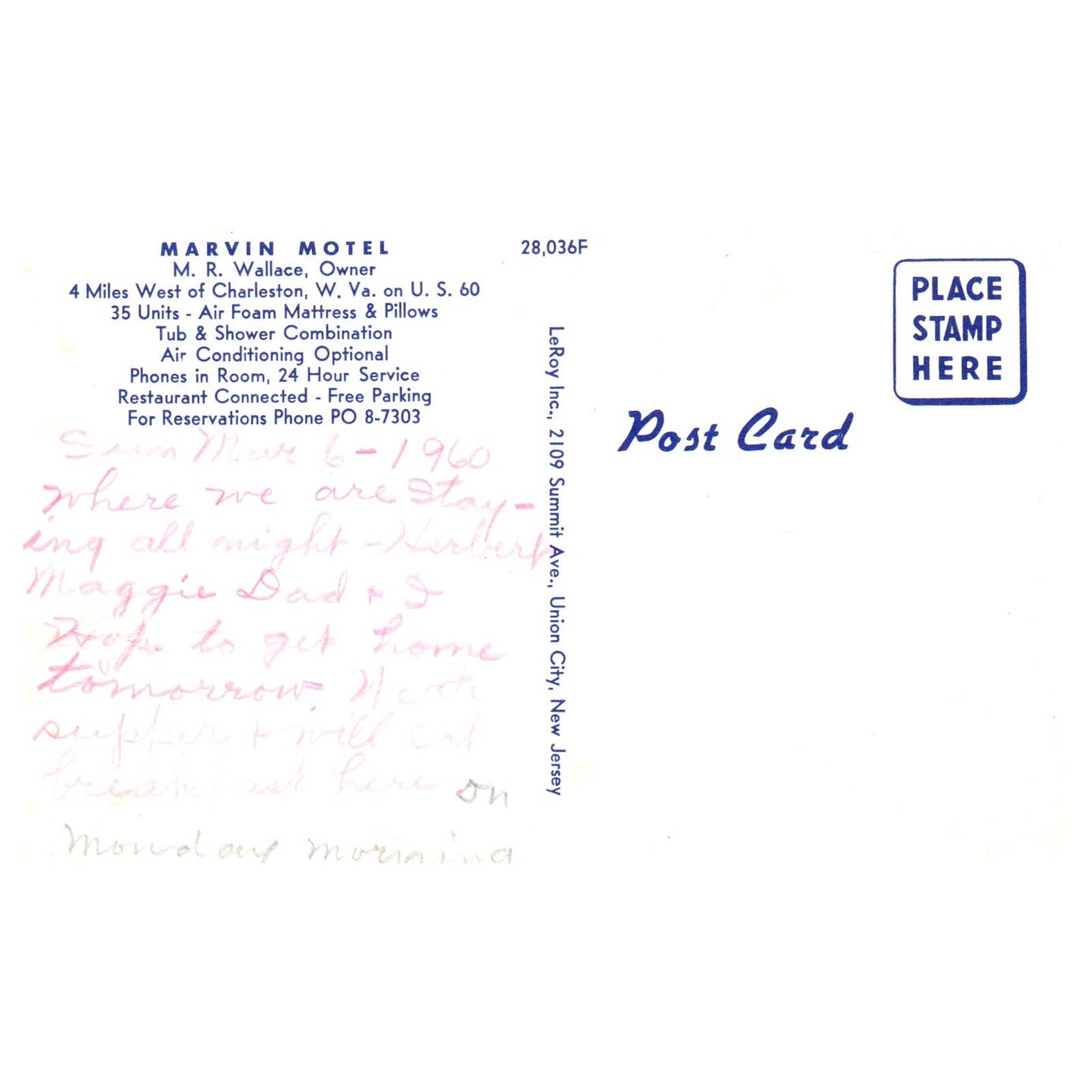 Vintage Postcard - Marvin Motel M.R. Wallace Charleston W. Va AD9