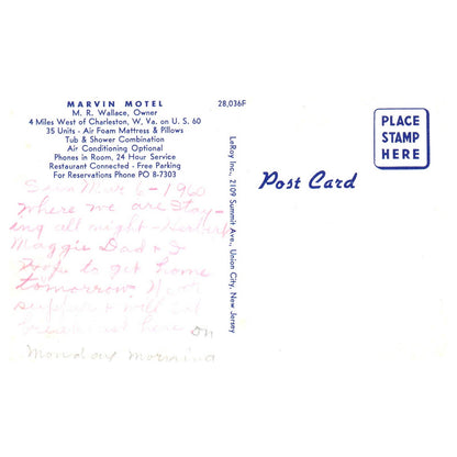 Vintage Postcard - Marvin Motel M.R. Wallace Charleston W. Va AD9