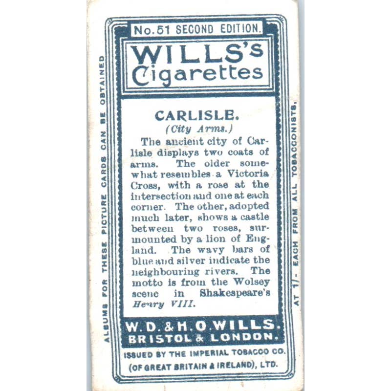 1906 Wills Cigarette Card Borough Arms 2nd Edition #51 Carlisle SE5