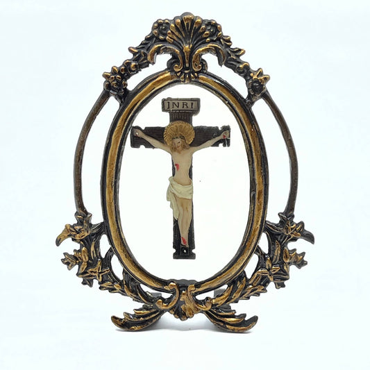 Vintage Baroque Christ On Cross Encased in Glass w/ Metal Frame Crucifix SD7-1