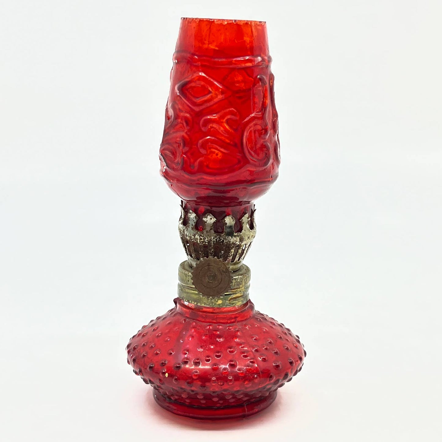 Vintage Mini Red Ruby Hobnail Glass Kerosene Oil Lamp 4.5" TC7