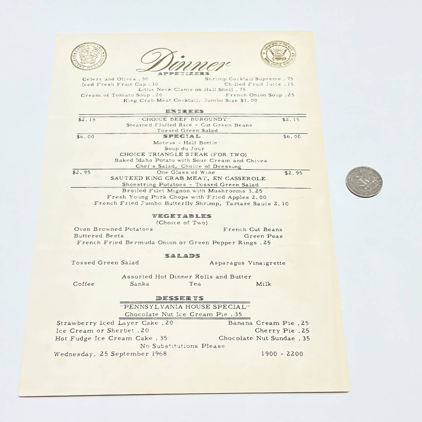 1968 Norfolk VA Naval Station Officers' Dinner Menu Department of the Navy AB7