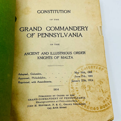 1914 Antioch Commandery No.463 Knights of Malta Constitution & Certificate TD8