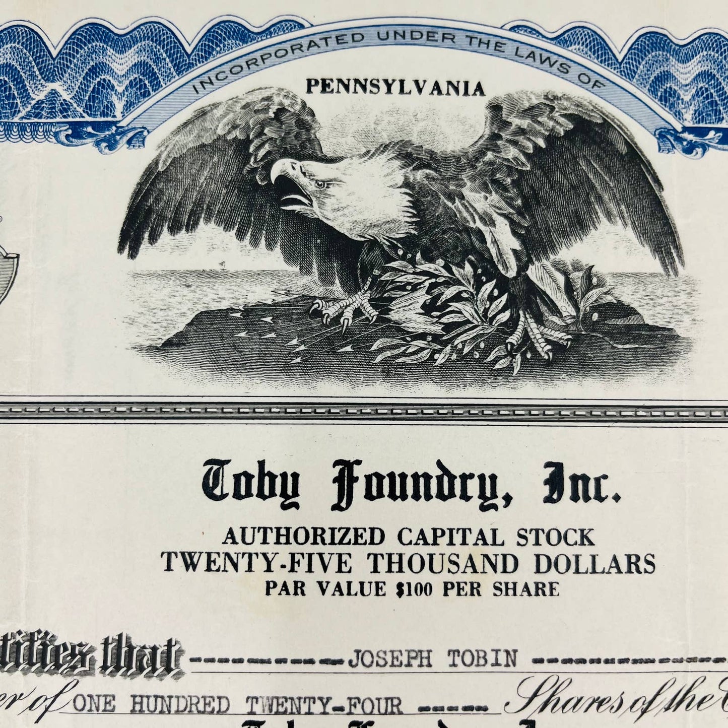 1935 Stock Certificate Toby Foundry Inc $25,000 Pennsylvania BA4