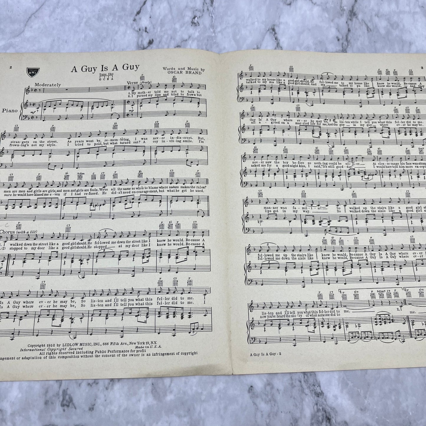 Sheet Music - A Guy Is A Guy - by Oscar Brand - 1952 Introduced by Doris Day V41-1