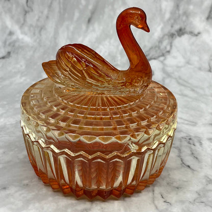 1950s Jeanette Pink Ombre Glass Swan Covered Powder Jar Dish TD6