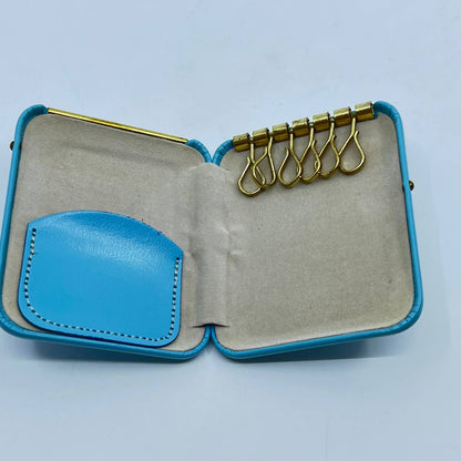 MCM 1950s Blue Leather Key Holder Hard Case Gold Accent SC8