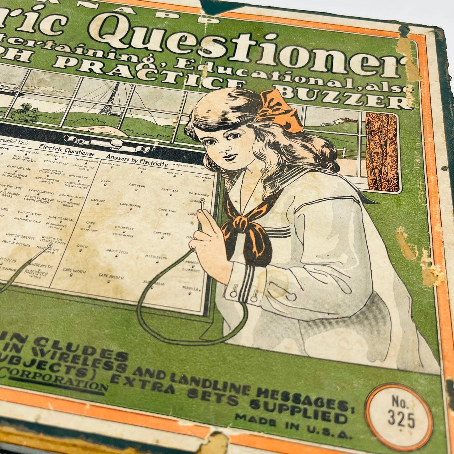 1920s Knapp Electric Questioner Educational Quiz Game Green Box BA3