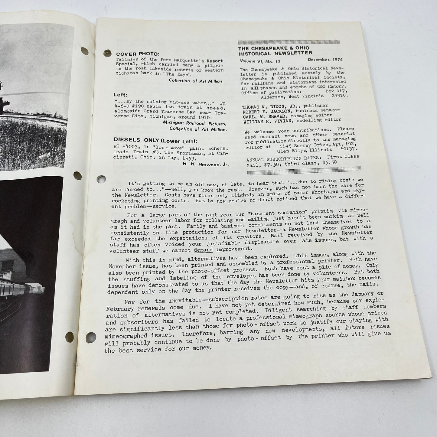 1974 Dec Chesapeake and Ohio Historical Newsletter C&O RR Thomas Dixon WV M1-2