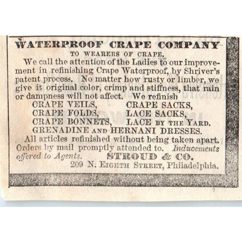 1878 Peterson's Magazine Ad - Waterproof Crape Co Stroud & Co Philadelphia SF2