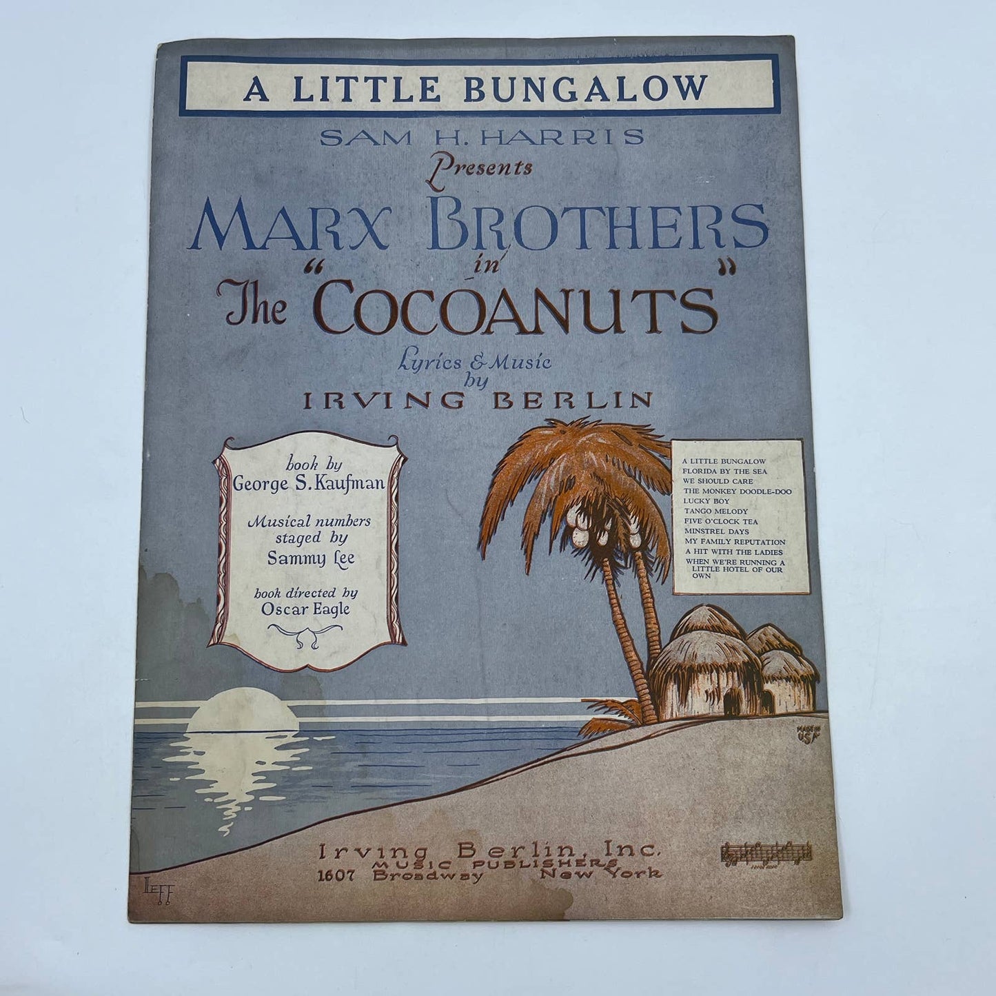 1925 THE COCOANUTS Sheet Music A Little Bungalow Marx Brothers Irving Berlin FL4