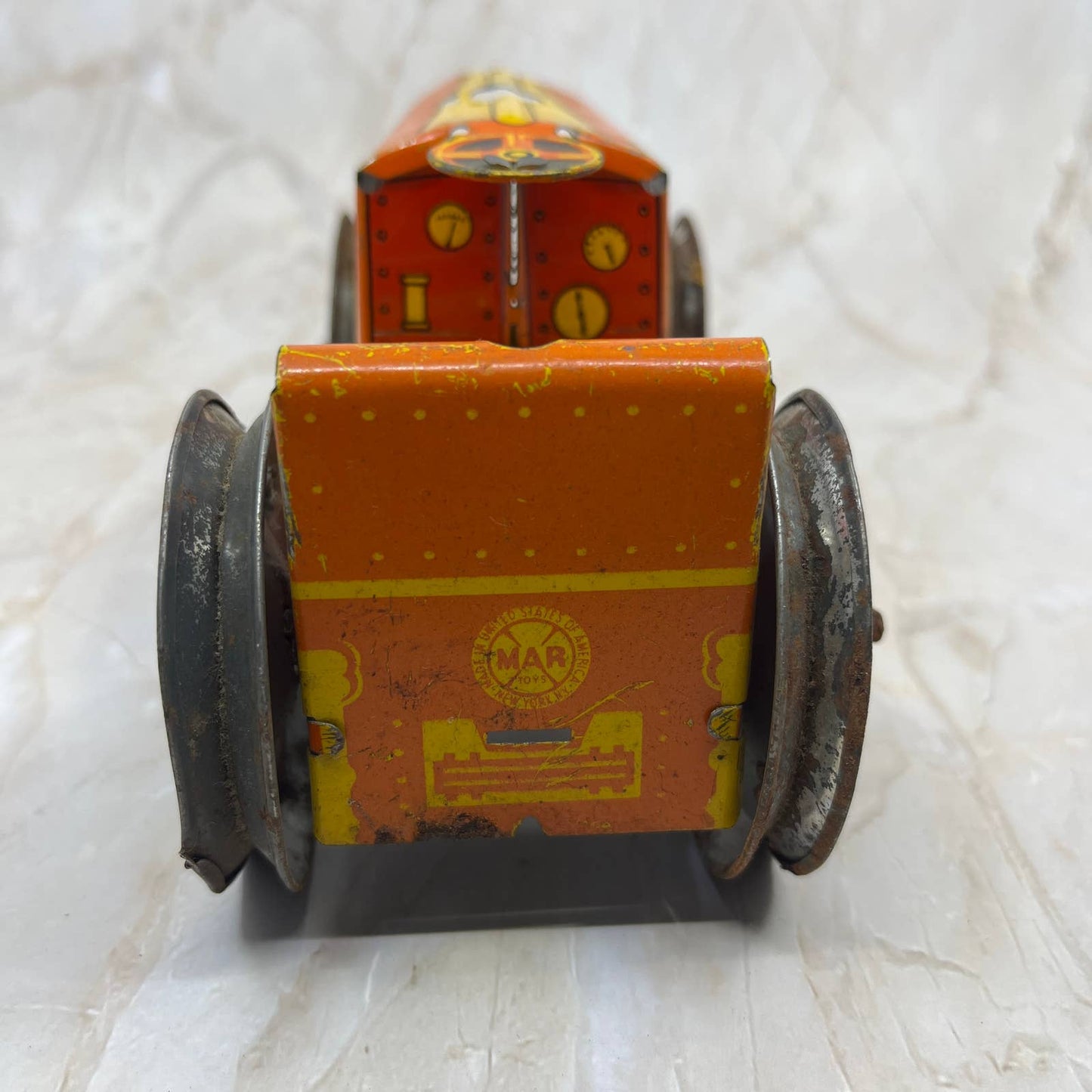 Marx Toy Wind Up Tin Litho Bulldozer/Tractor Yellow & Orange 8x3.5” TK2