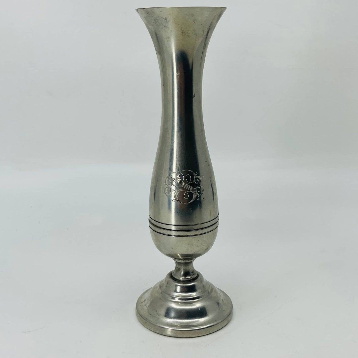 Vintage MCM 1950s Stieff Pewter Bud Vase, 7" Tall Monogram “PST” TD3