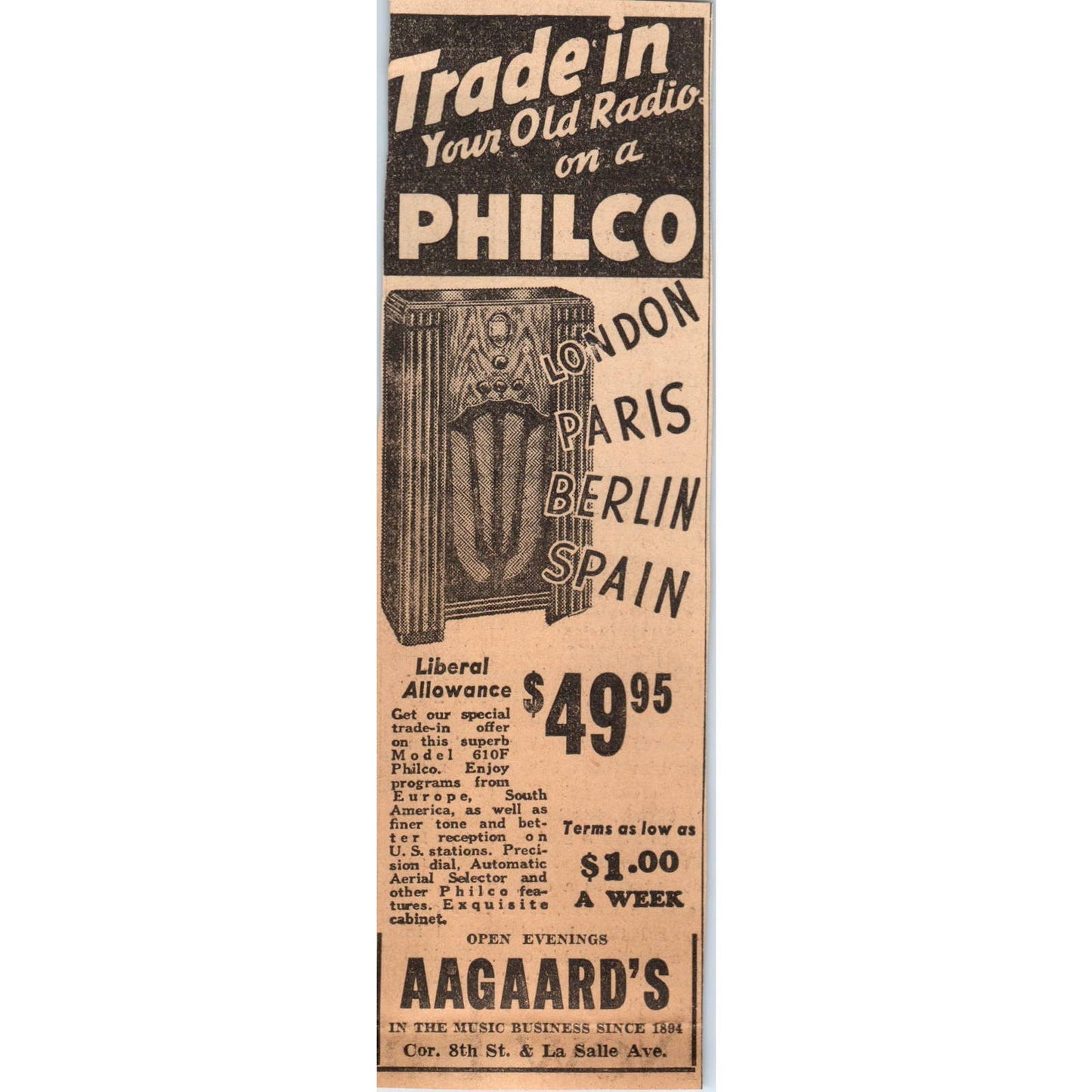 1935 Mpls Journal Newspaper Ad Philco Radio Aagaard's 8th St. & LaSalle FL5-4