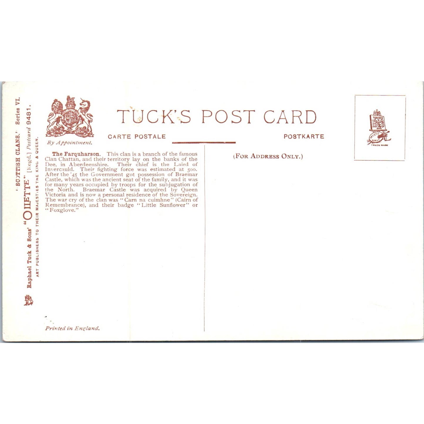 Scottish Clans - The Farquharson Raphael Tuck Oilette Original Postcard TK1-P17