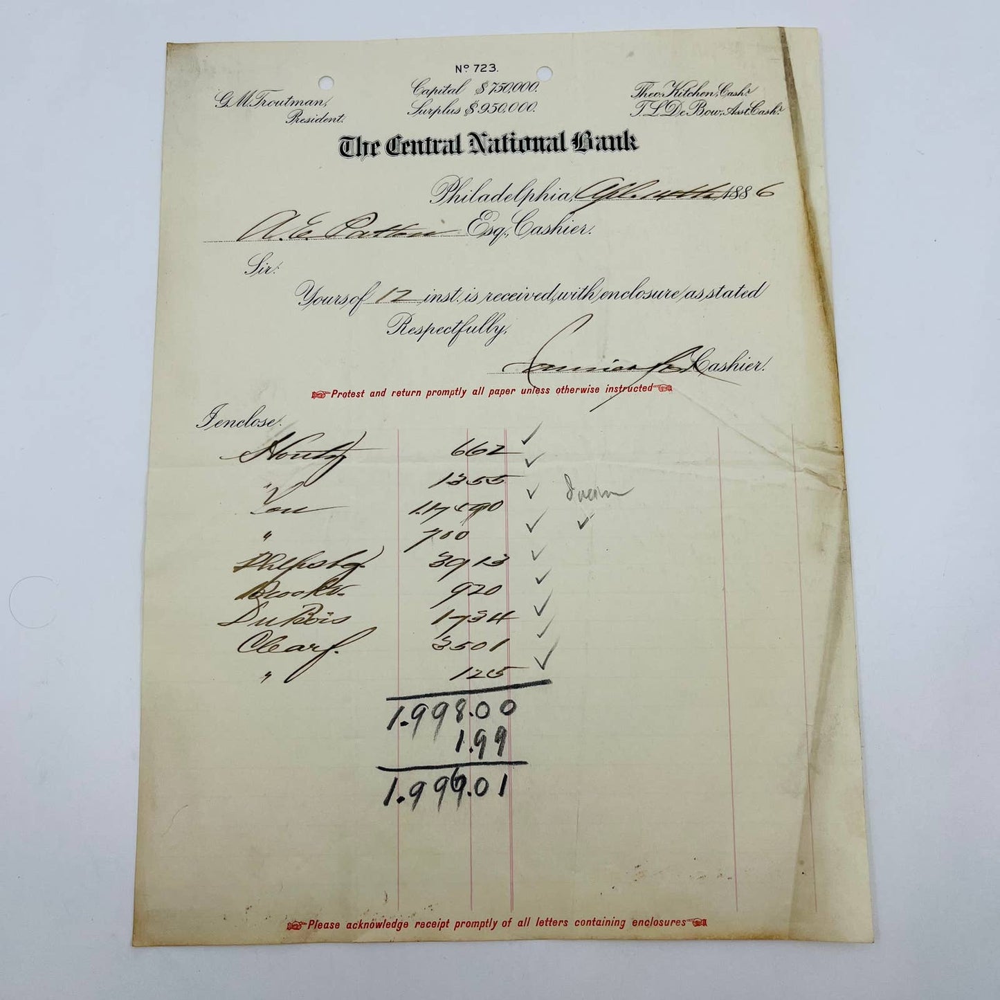 1886 The Central National Bank Philadelphia PA Billhead Letterhead Receipt AA4