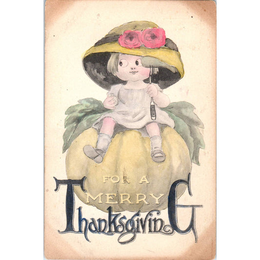 Thanksgiving Girl Sitting on Giant Pumpkin 1913 Original Postcard TK1-22