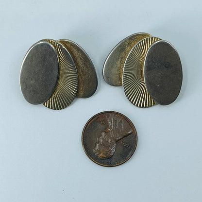 Vintage Art Deco Silver Tone Oval Sunburst Clip Earrings SB2