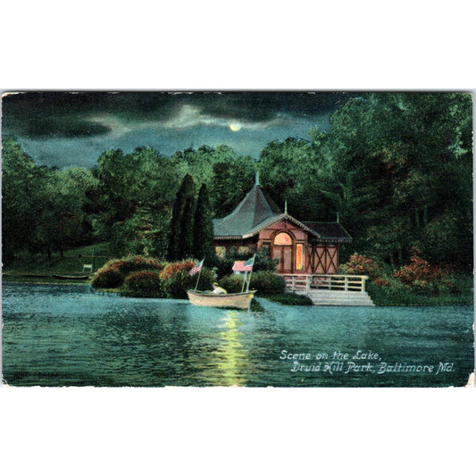 Lake Scene at Night Druid Hill Park Baltimore MD 1908 Original Postcard P2-2
