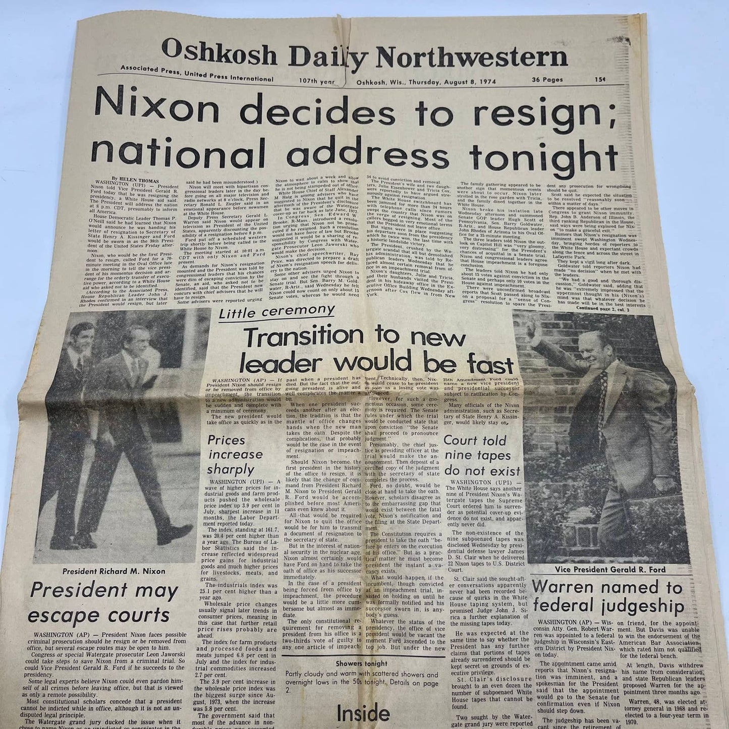 1974 Aug 8 OSHKOSH DAILY NORTHWESTERN Newspaper Nixon to Resign TI6-11