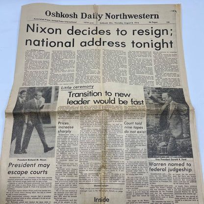 1974 Aug 8 OSHKOSH DAILY NORTHWESTERN Newspaper Nixon to Resign TI6-11