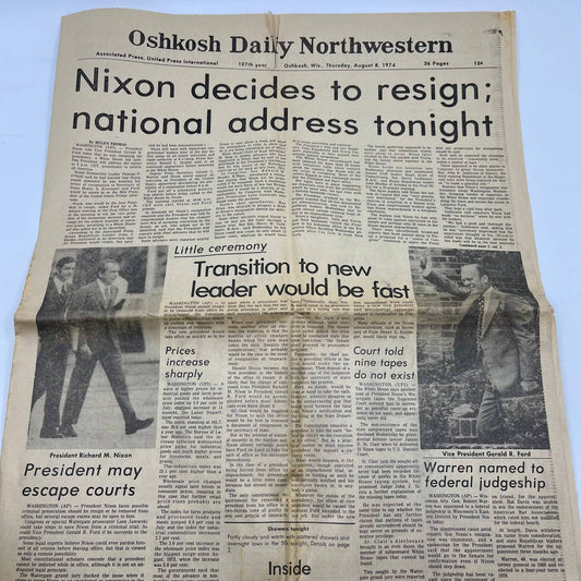 1974 Aug 8 OSHKOSH DAILY NORTHWESTERN Newspaper Nixon to Resign TI6-11